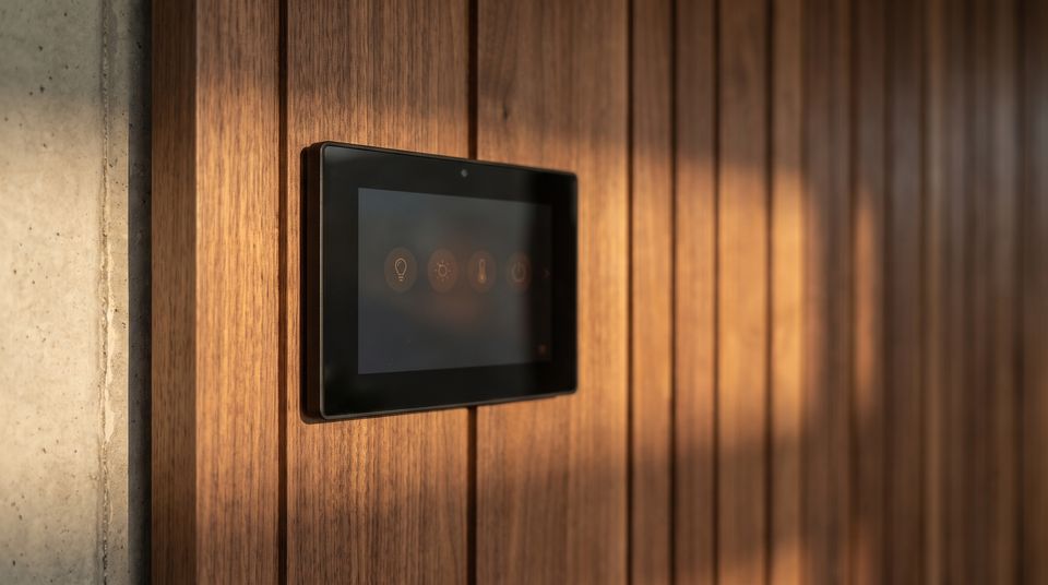 Panel de control domótico empotrado en una pared de listones de madera